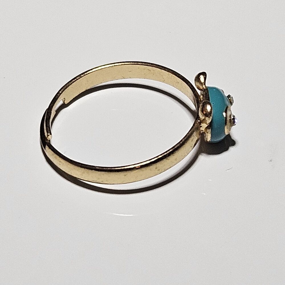 Gold Tone Blue Enamel Bear Face Ring Clear Rhinestone Eyes Adjustable Size 7.25 - Picture 11 of 12